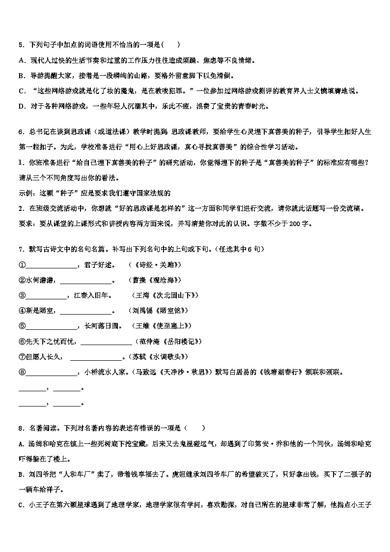 2022-2023学年淮南市重点中学中考四模语文试题含解析02