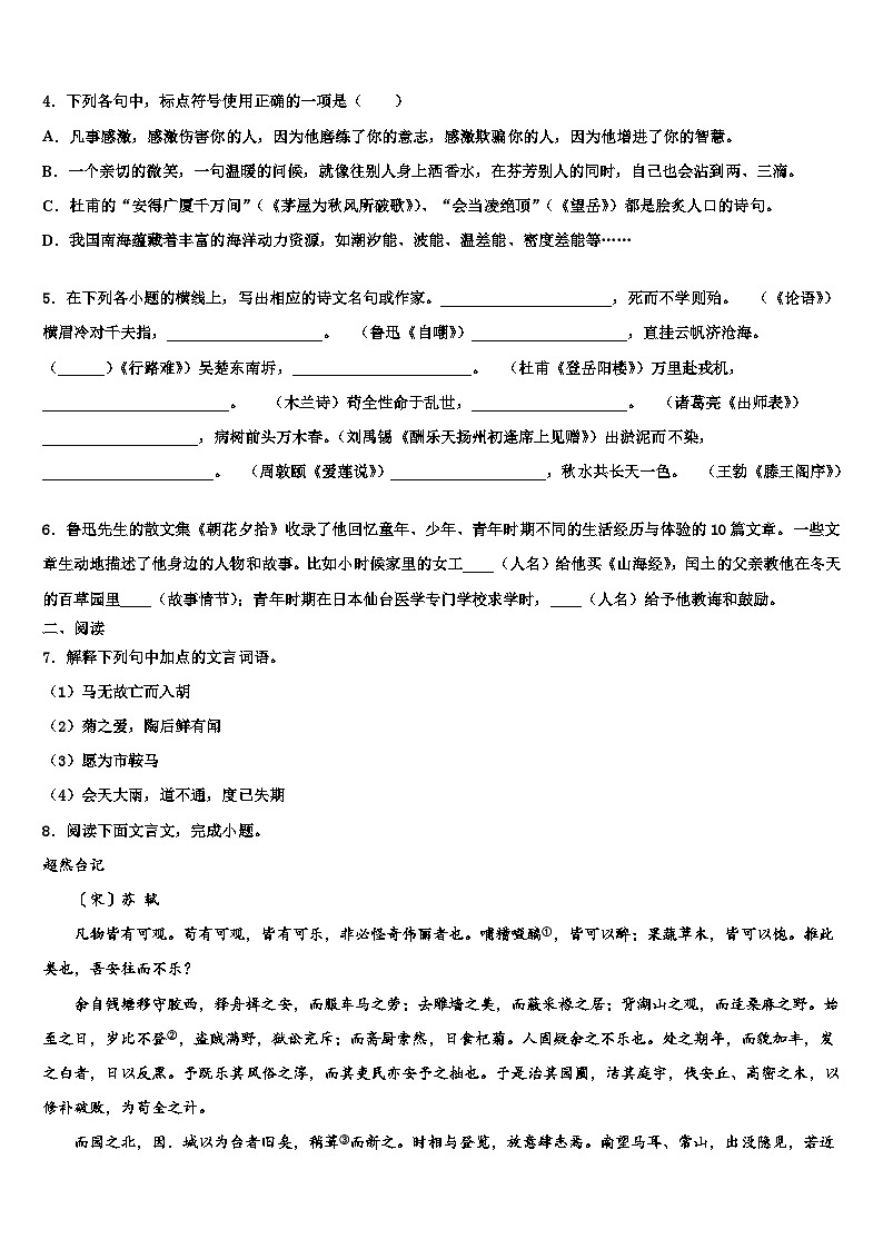 2022-2023学年湖南省株洲市醴陵市中考语文适应性模拟试题含解析02
