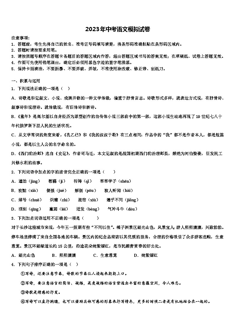 2022-2023学年湖南师大附中中考语文适应性模拟试题含解析01