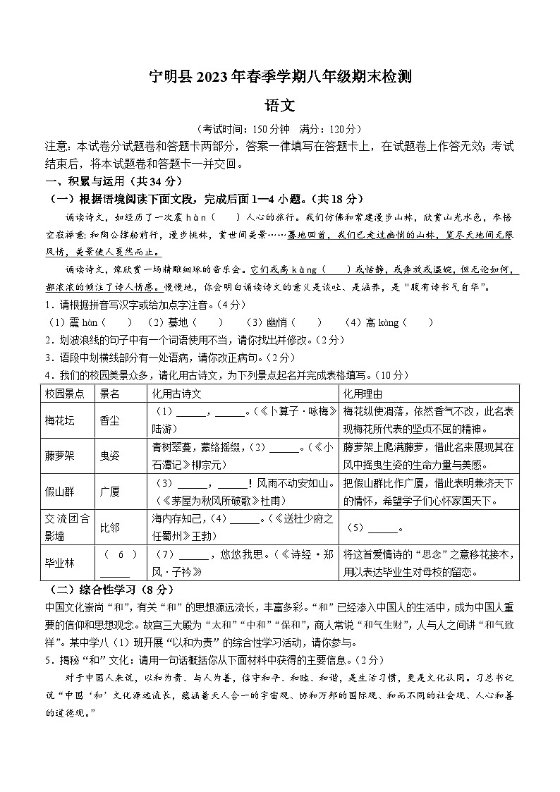 广西壮族自治区崇左市宁明县2022-2023学年八年级下学期期末语文试题01