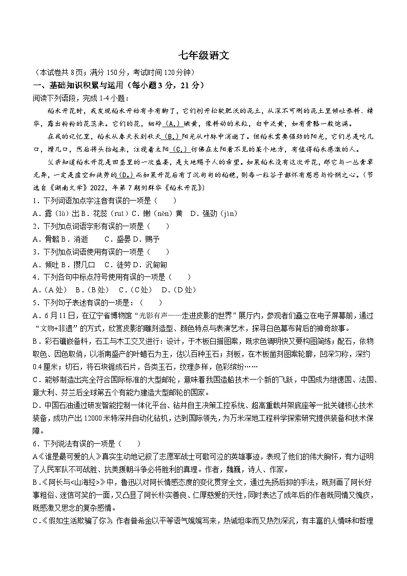 山东省淄博市某县2022-2023学年七年级（五四制）下学期期末语文试题第1页