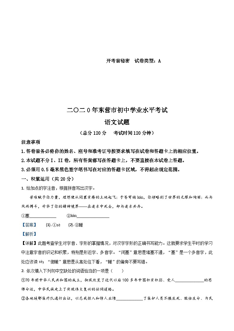 山东省东营市2020年中考语文试题（含解析）01
