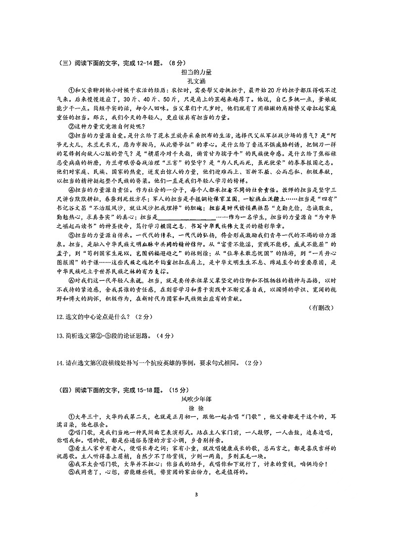 吉林省长南湖实验中学九年级上学期期末语文试题第3页