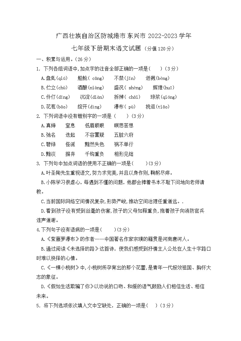 广西壮族自治区防城港市东兴市2022-2023学年七年级下学期期末测试语文试卷第1页