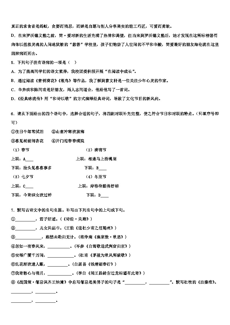 2022-2023学年吉林省舒兰市达标名校中考语文适应性模拟试题含解析第2页