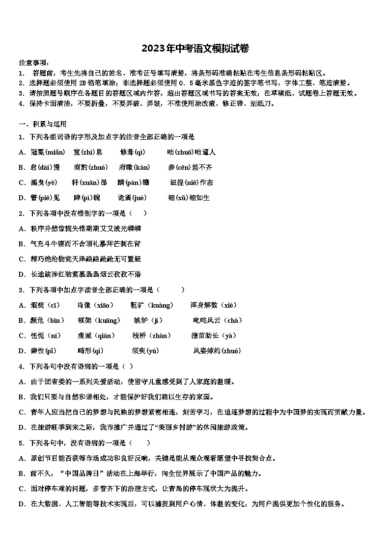 2022-2023学年江苏省南京市二十九中学中考二模语文试题含解析01