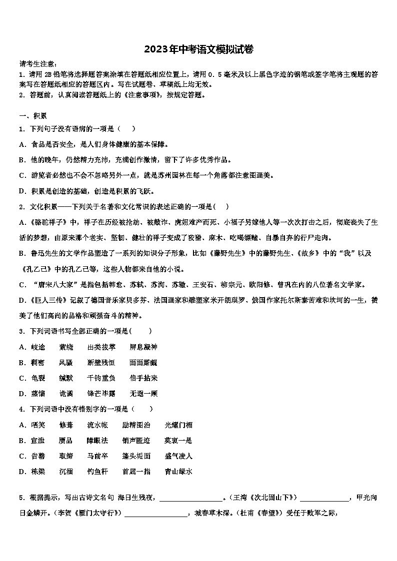2022-2023学年江苏省泰州市泰兴市实验初中语文毕业考试模拟冲刺卷含解析01