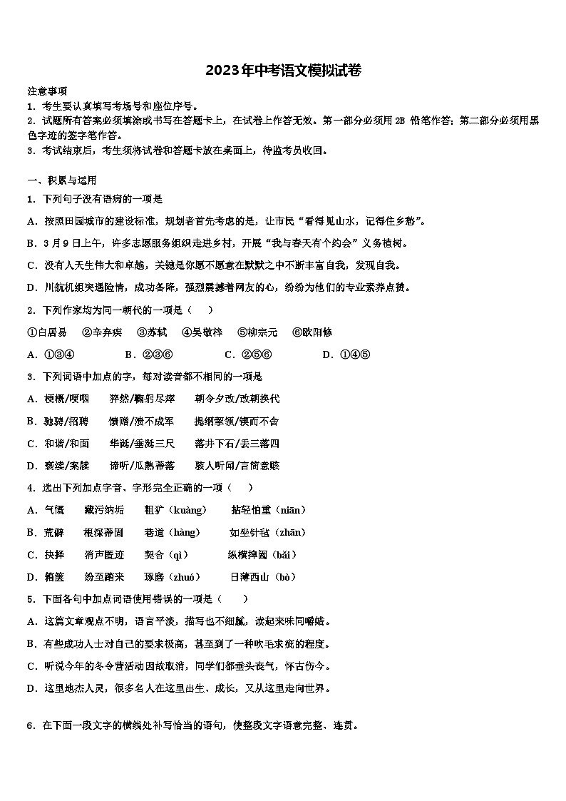 2022-2023学年江苏省泰州市部分地区重点达标名校中考语文考试模拟冲刺卷含解析01