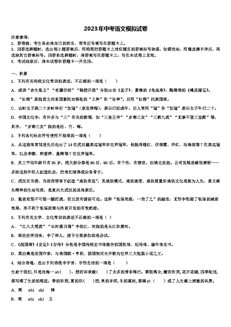 2022-2023学年江苏省张家港第二中学中考语文模拟精编试卷含解析第1页