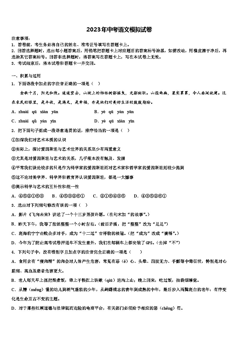 2022-2023学年江西省南昌市进贤县中考五模语文试题含解析01