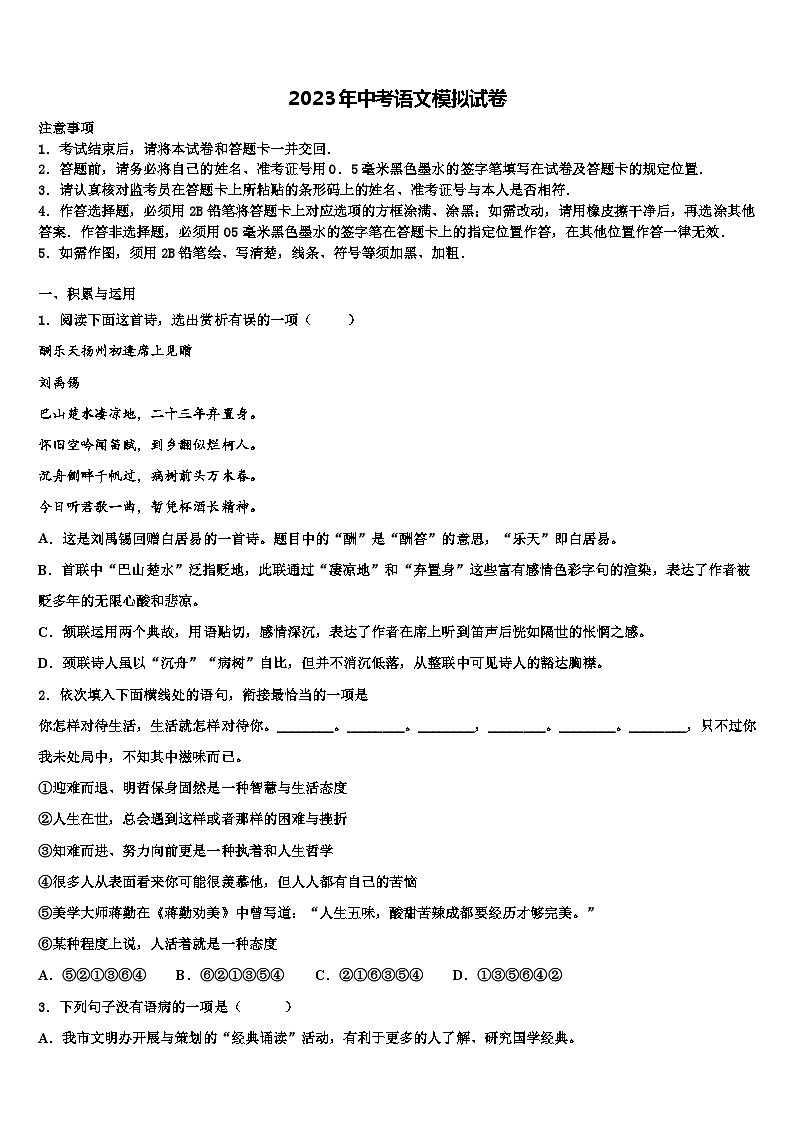 2022-2023学年廊坊三中学中考语文模拟试题含解析01