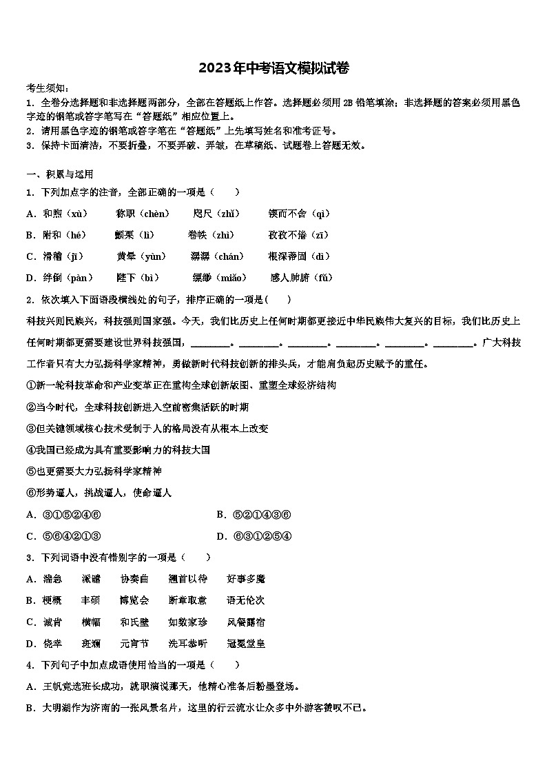 2022-2023学年江苏省盐城市响水县重点达标名校毕业升学考试模拟卷语文卷含解析01