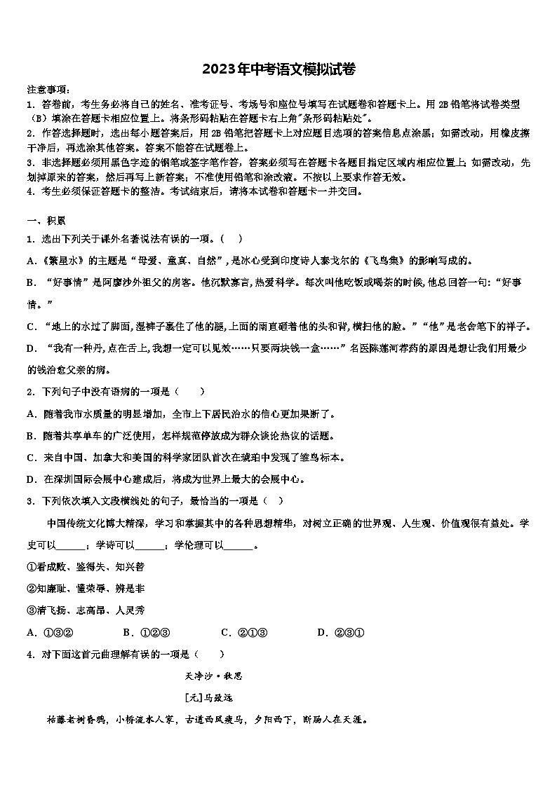 2022-2023学年辽宁省丹东市第九中学中考语文适应性模拟试题含解析01