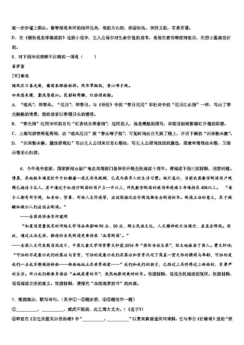 2022-2023学年山东省德州市禹城市达标名校中考语文押题试卷含解析02