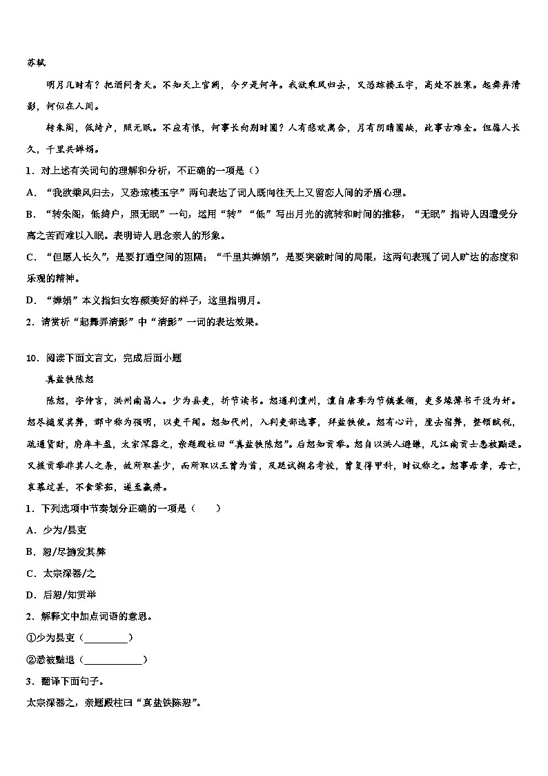 2022-2023学年山东省金乡县中考语文考试模拟冲刺卷含解析03