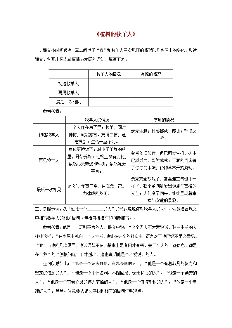 2023七年级语文上册第四单元13植树的牧羊人课后习题新人教版01