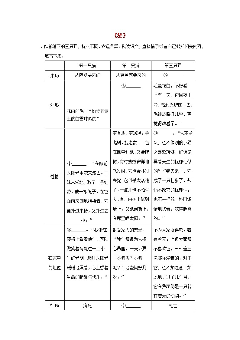 2023七年级语文上册第五单元16猫课后习题新人教版01