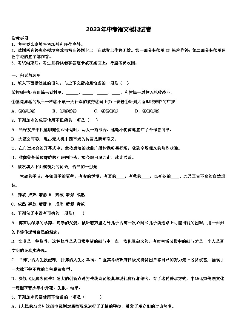 2022-2023学年四川省苍溪县中考语文仿真试卷含解析01