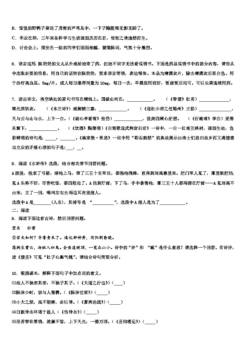 2022-2023学年四川省苍溪县中考语文仿真试卷含解析02