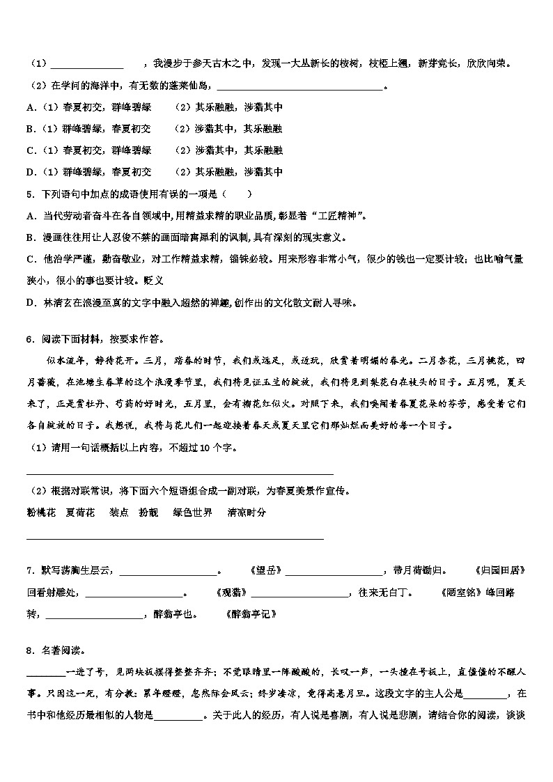 2022-2023学年四川省成都市成都外国语校中考语文押题卷含解析02