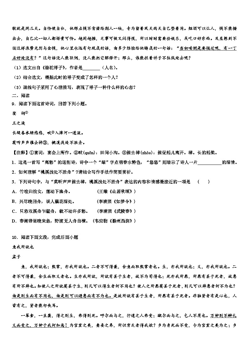 2022-2023学年四川省绵阳市安州区中考语文适应性模拟试题含解析03