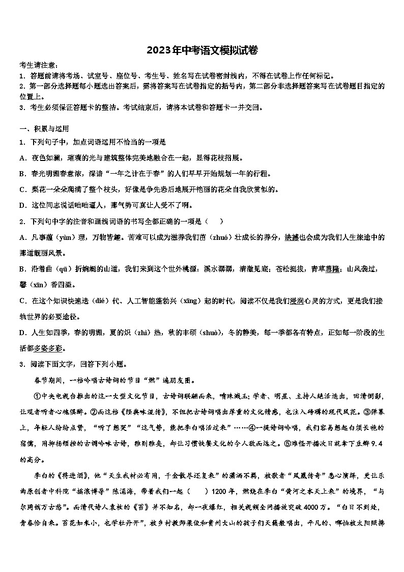 2022-2023学年泰州市重点中学中考语文模拟预测题含解析01