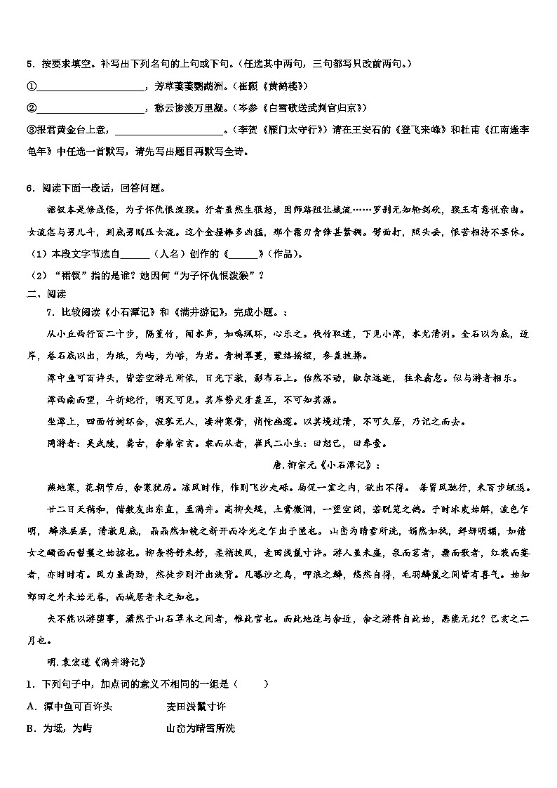 2022-2023学年武汉新洲区六校联考中考语文四模试卷含解析02