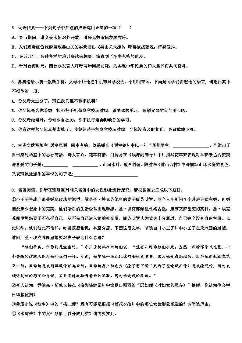 2022-2023学年四川省西昌市市级名校中考三模语文试题含解析02