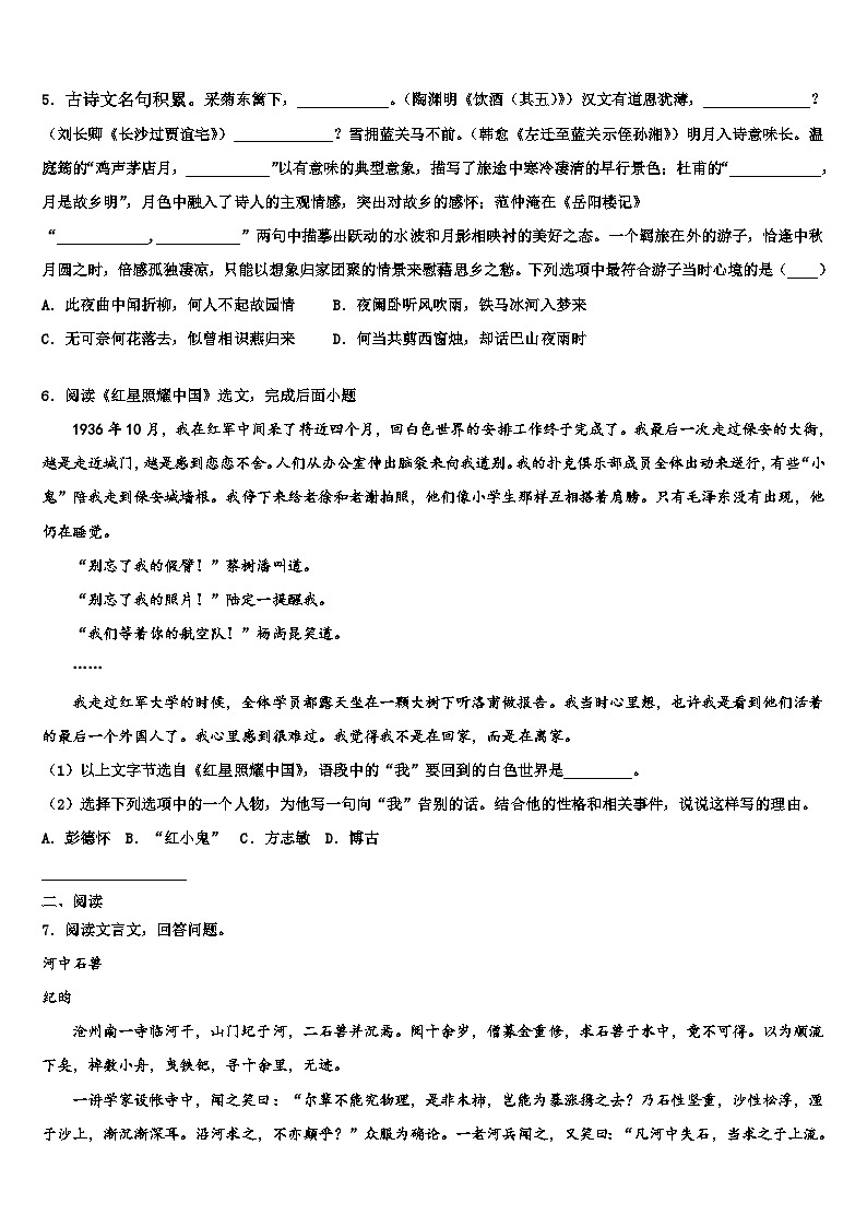 2022-2023学年新疆阿克苏市沙雅县重点名校中考联考语文试卷含解析02
