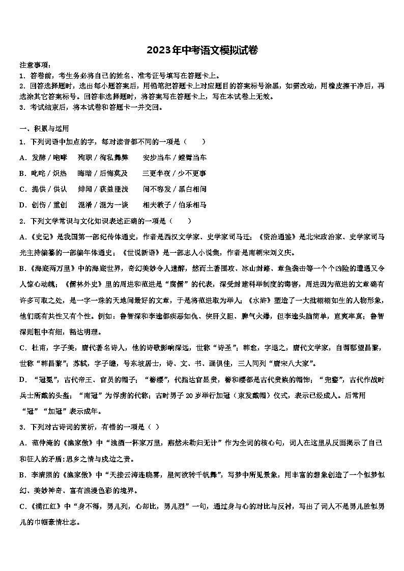 2022-2023学年新疆乌鲁木齐市达标名校中考语文考试模拟冲刺卷含解析01