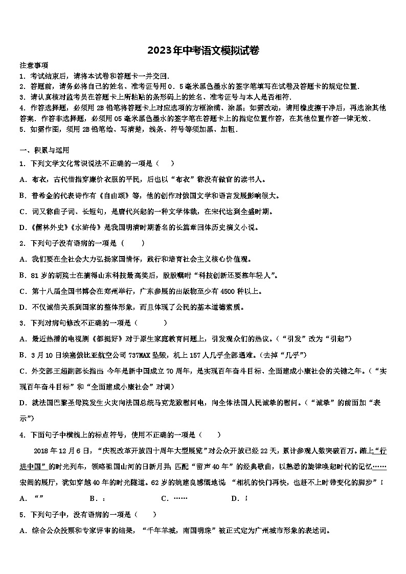 2022-2023学年云南省大理州祥云县中考语文考试模拟冲刺卷含解析01
