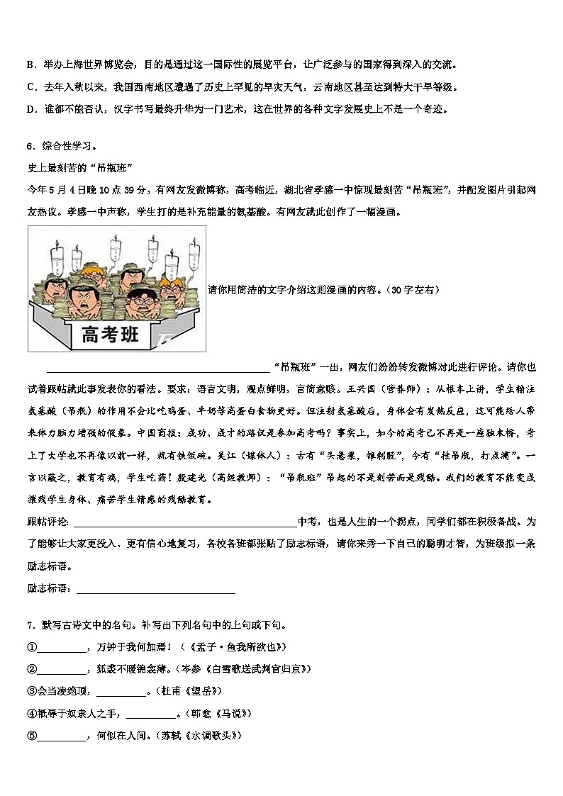 2022-2023学年云南省大理州祥云县中考语文考试模拟冲刺卷含解析02