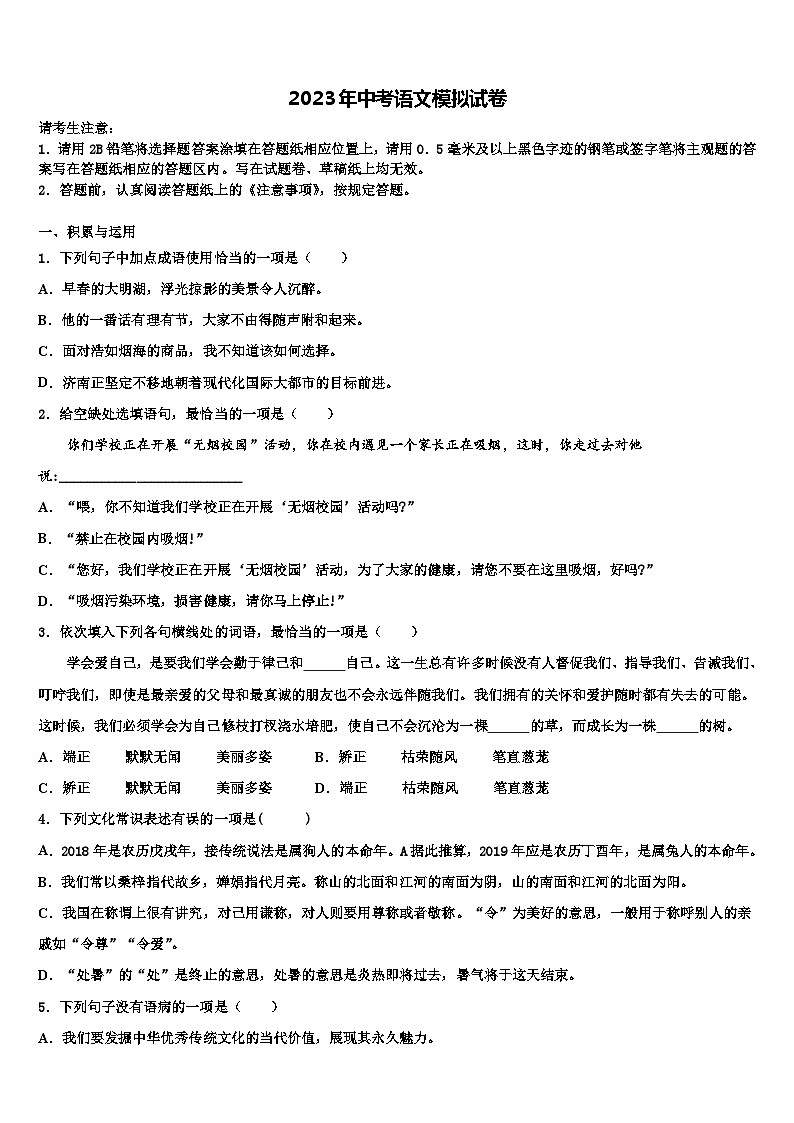 2022-2023学年云南省临沧市镇康县重点中学中考语文五模试卷含解析01