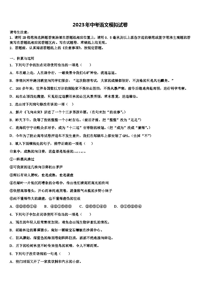 2022-2023学年云南省南涧彝族自治县市级名校中考语文模拟预测题含解析01