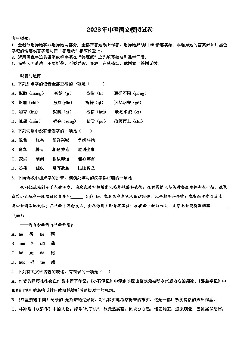 2022-2023学年浙江省杭州市富阳市达标名校中考冲刺卷语文试题含解析01
