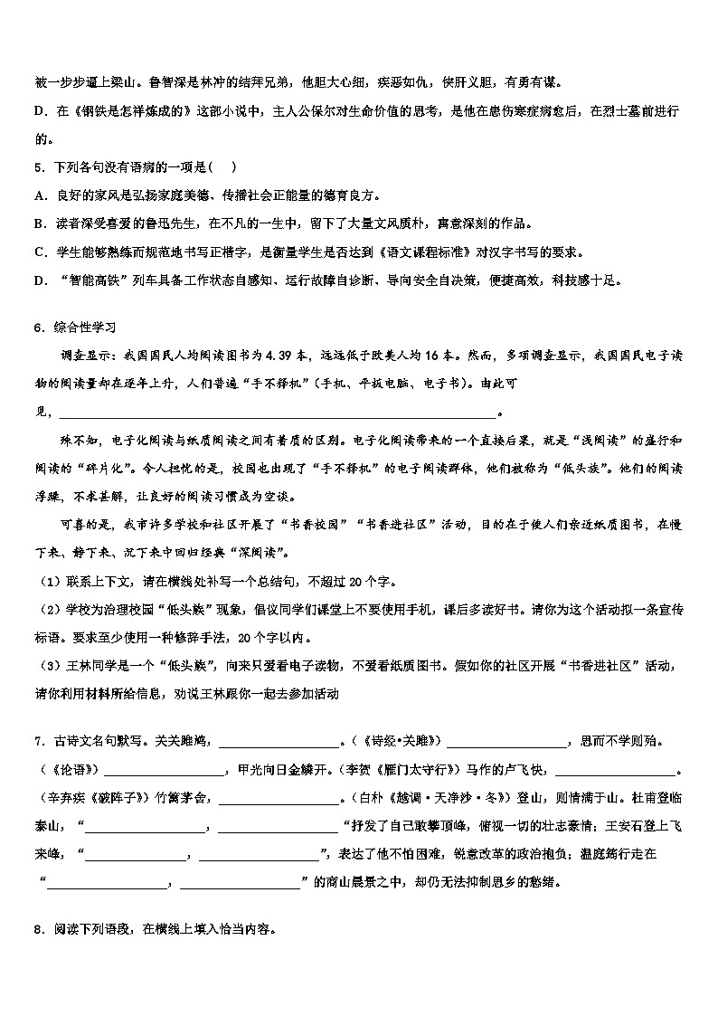 2022-2023学年浙江省杭州市富阳市达标名校中考冲刺卷语文试题含解析02