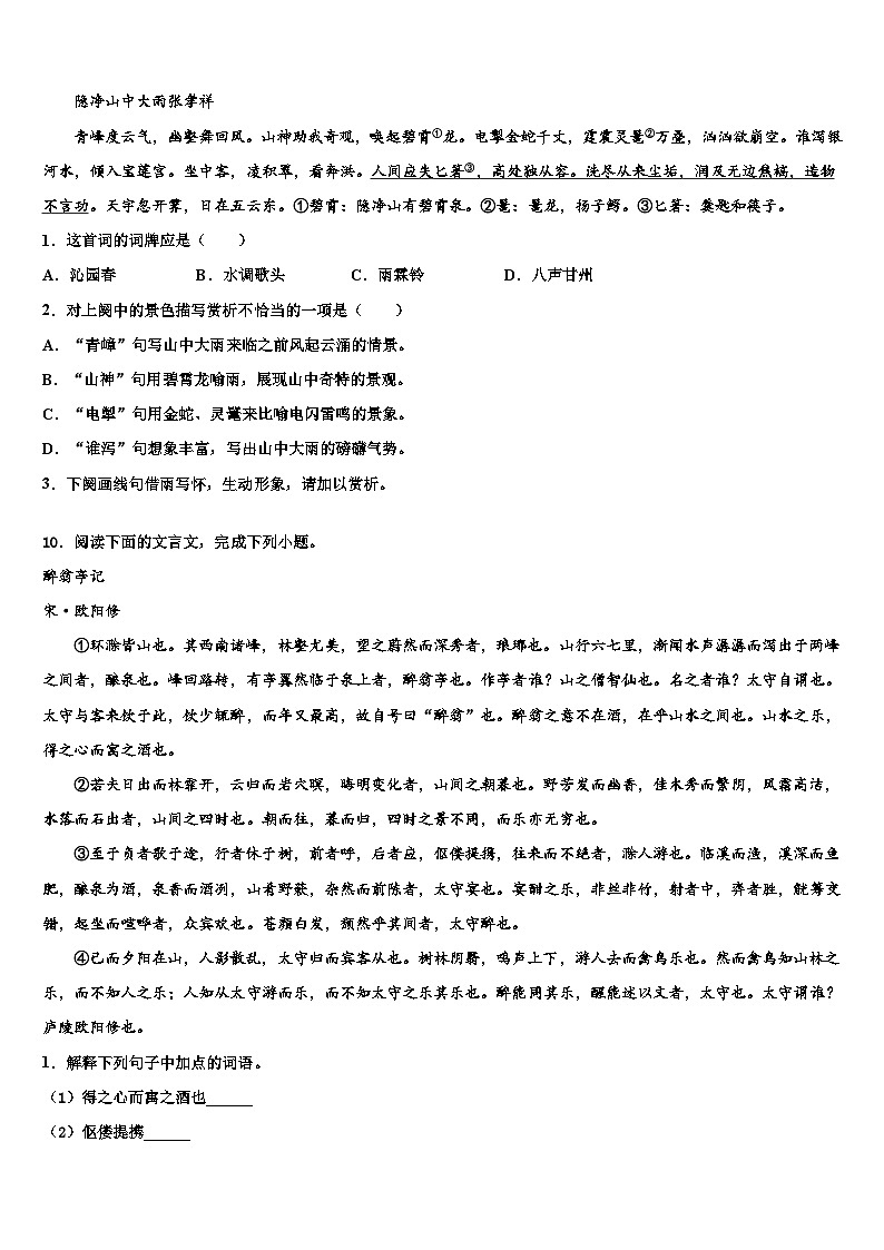 2022-2023学年浙江省杭州北干中考语文对点突破模拟试卷含解析03