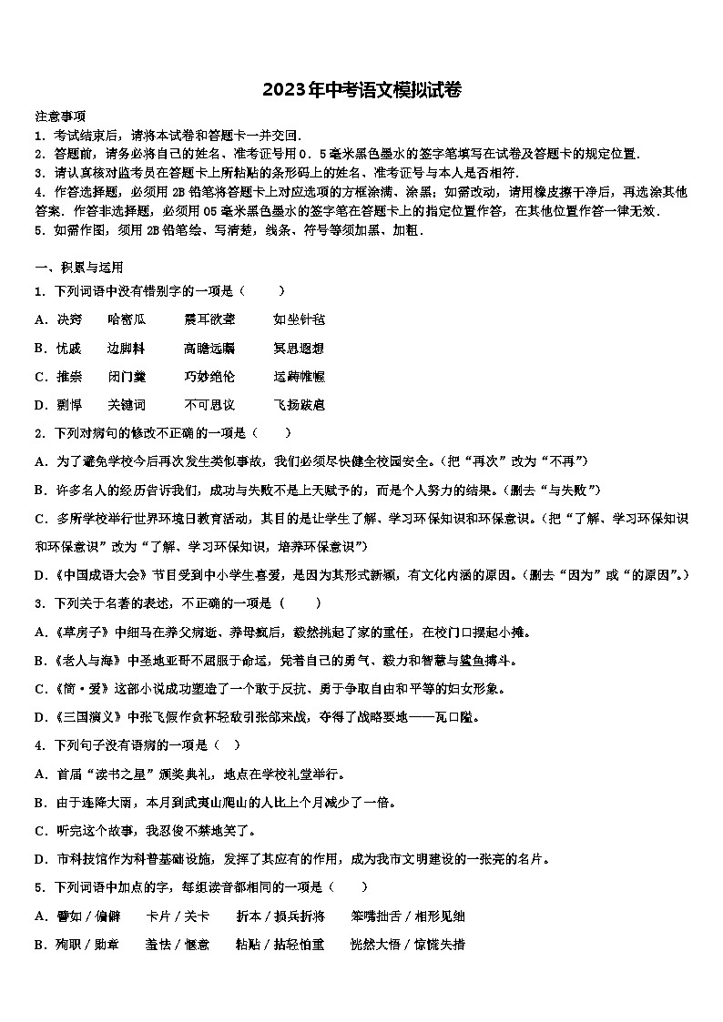 2022-2023学年浙江省金华市国际实验校中考语文对点突破模拟试卷含解析第1页