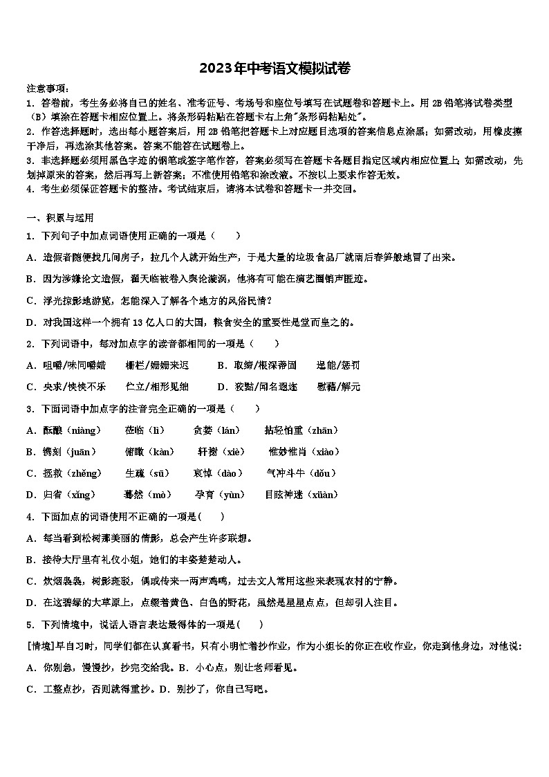 2022-2023学年浙江省宁波北仑区中考语文适应性模拟试题含解析第1页