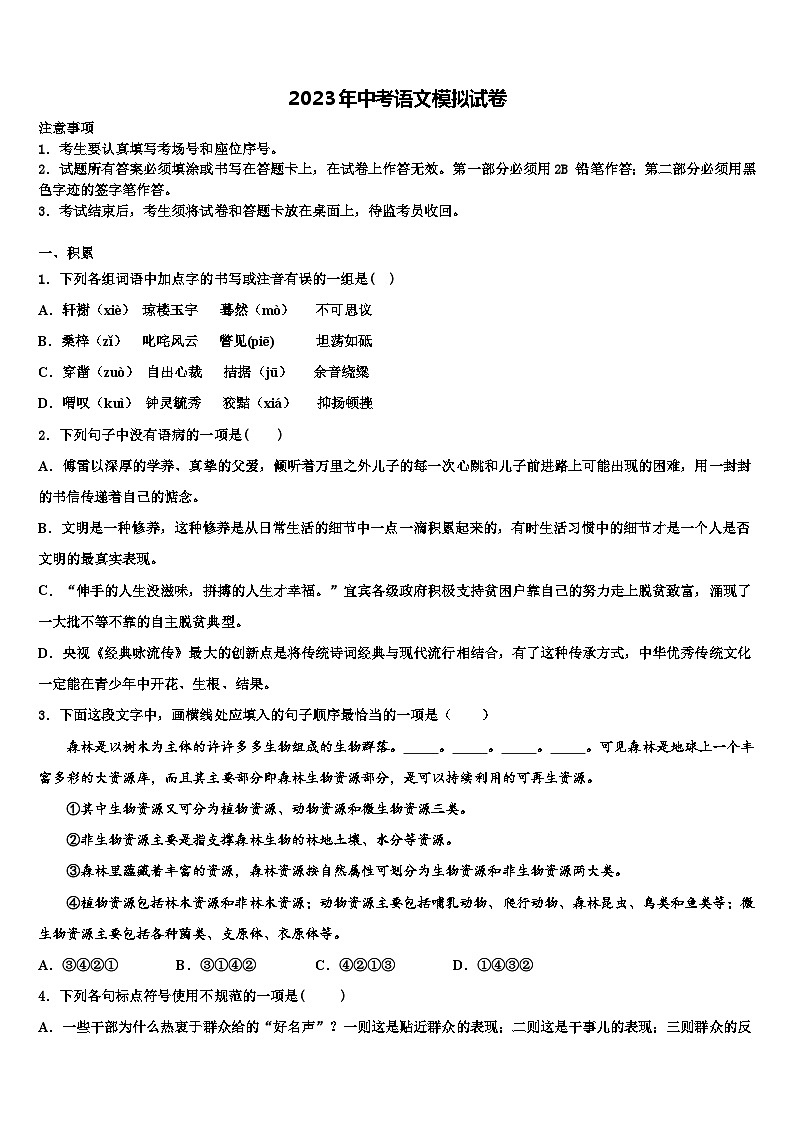 2022-2023学年浙江省绍兴市海亮重点名校中考适应性考试语文试题含解析第1页