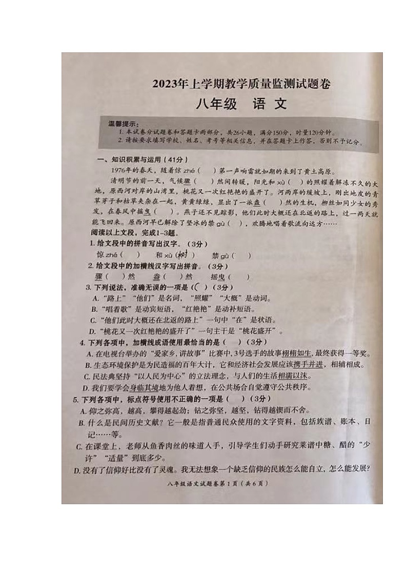 湖南省怀化市芷江县2022-2023学年八年级下学期期末教学质量监测语文试题01
