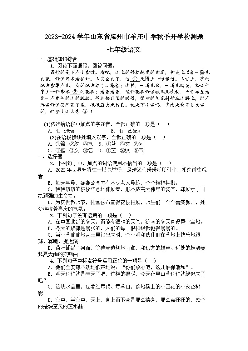 山东省滕州市羊庄镇羊庄中学2023-2024学年七年级上学期开学语文试题01