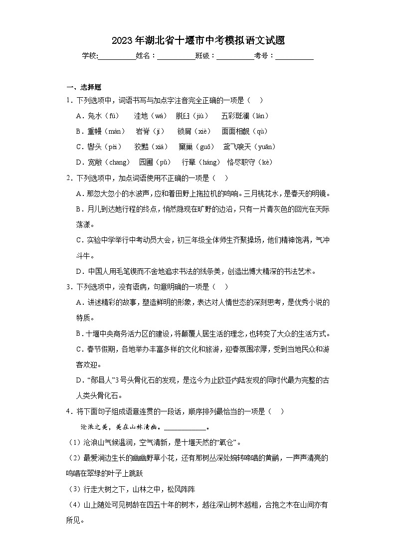 2023年湖北省十堰市中考模拟语文试题（含解析）01