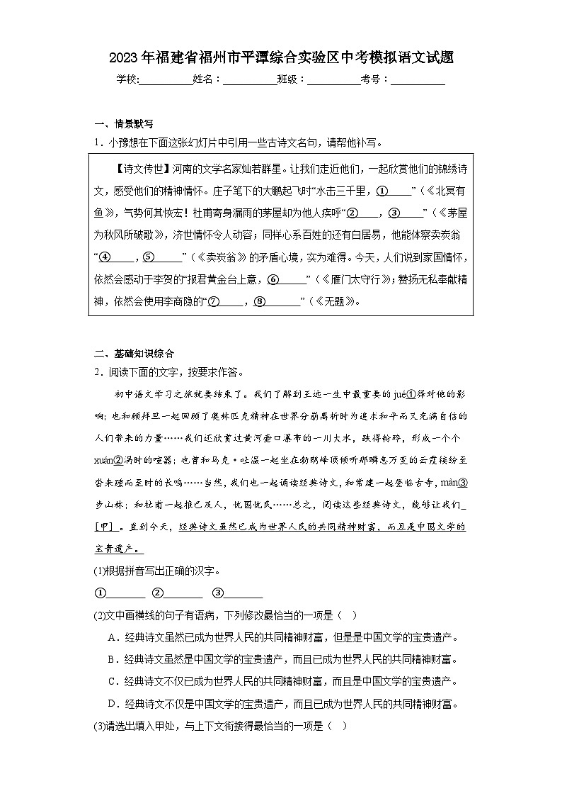 2023年福建省福州市平潭综合实验区中考模拟语文试题（含解析）01