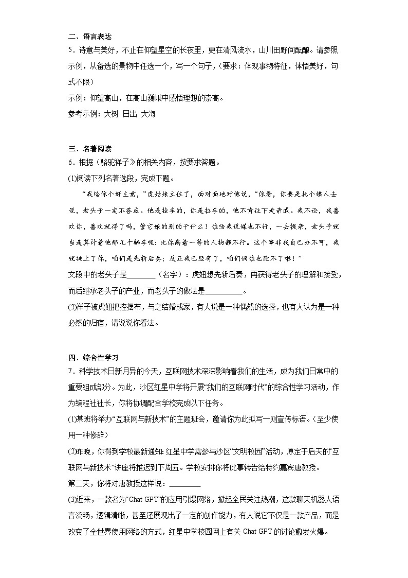 2023年重庆市两江新区中考一模语文试题（含解析）02