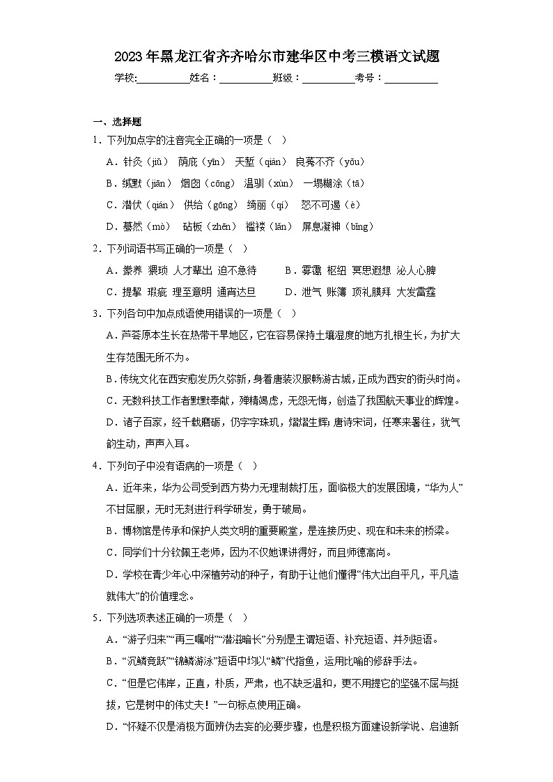 2023年黑龙江省齐齐哈尔市建华区中考三模语文试题（含解析）第1页