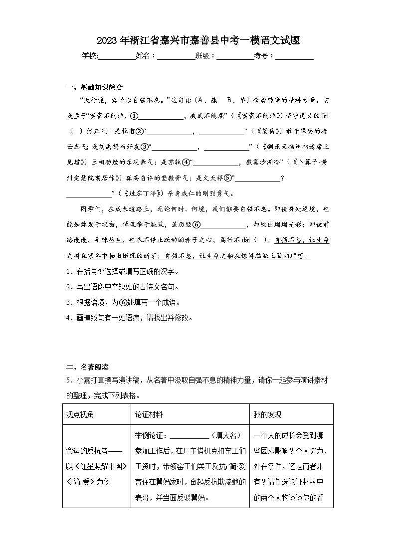 2023年浙江省嘉兴市嘉善县中考一模语文试题（含解析）01