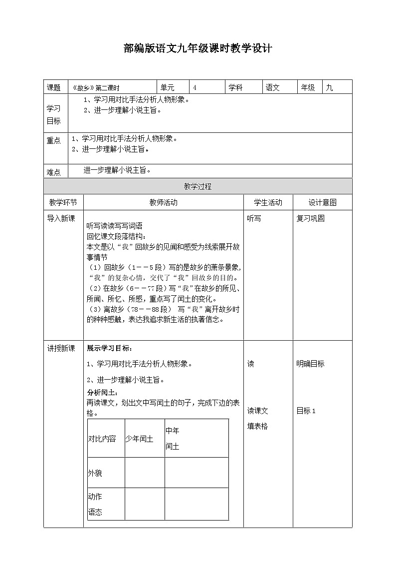 2023-2024 部编版语文九年级上册 15《故乡》第二课时课件+教案+学案01