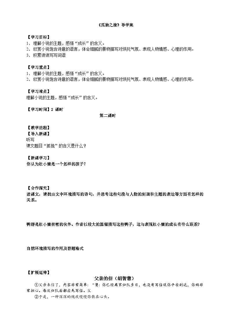 2023-2024 部编版语文九年级上册 17 《孤独之旅》第二课时课件+学案+教案（表格式）01