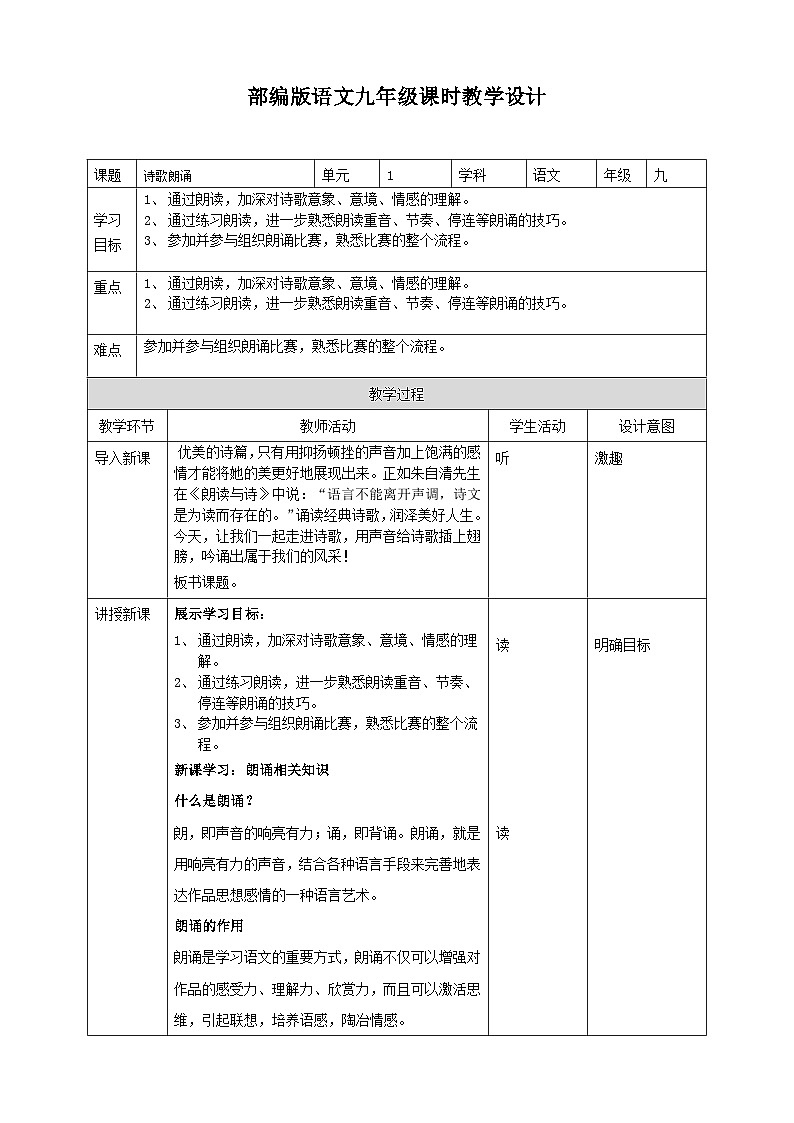 2023-2024 部编版语文九年级上册 九年级上册第一单元任务二《诗歌朗诵》课件 +教案+学案+素材01
